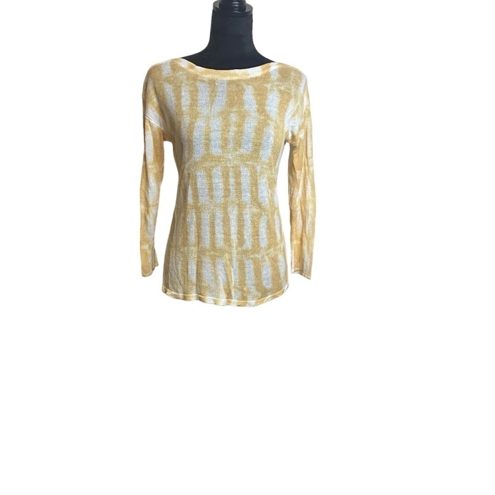 Chico’s Ladies Sweater, Mustard Yellow And White Size 1 ( 8-10) Linen Rayon - Picture 2 of 13